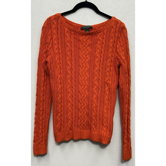 Lauren Ralph Lauren Cable Knit Sweater Large Orange Y2K Chunky Long Sleeve - Picture 2 of 5